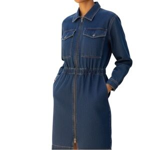 Vintage 80’s Impromptu Denim Zip-Up Dress Blue Dark Wash Padded Shoulders M